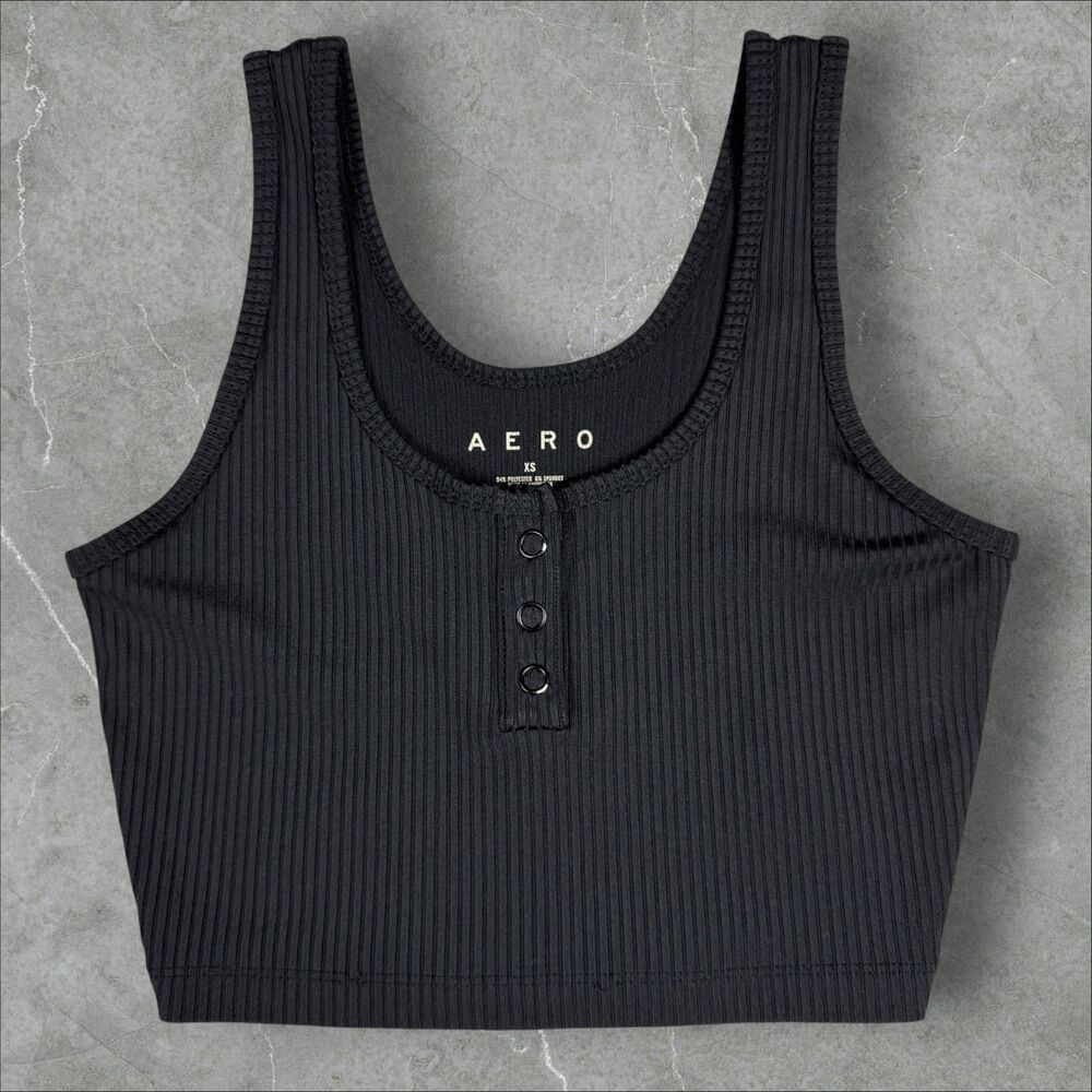 Women's Aeropostale Black Ribbed Micro Tank Top With Buttons Crop Top - XS